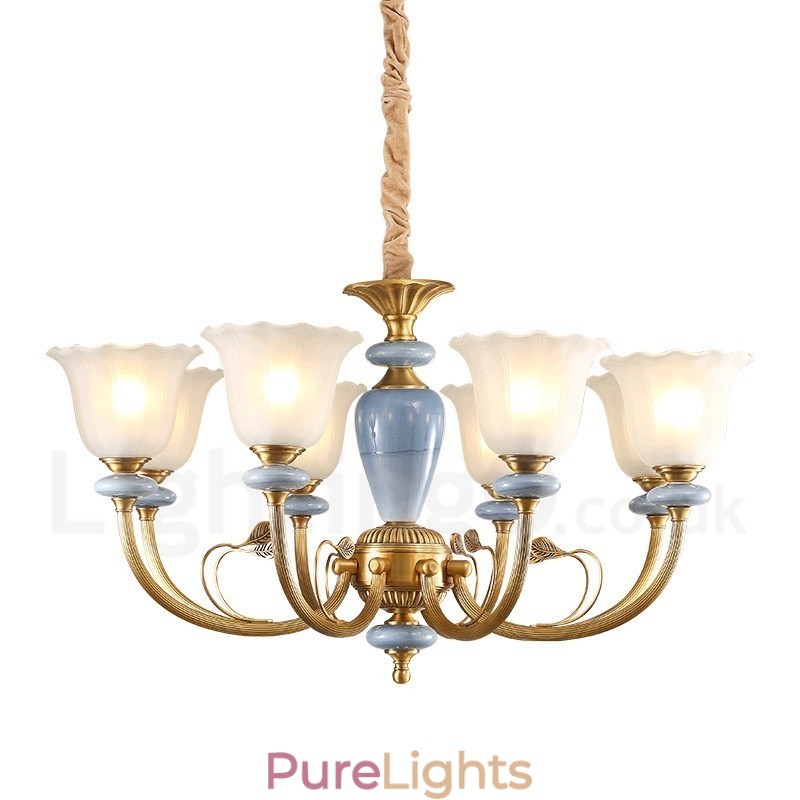 8 Light Retro Rustic Luxury Brass Pendant Lamp Chandelier with Glass Shade