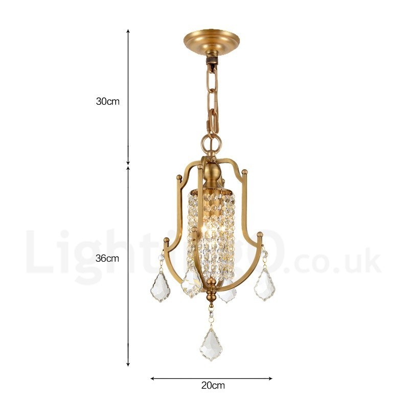 1 Light Retro Rustic Luxury Brass Pendant Lamp Chandelier with Crystal Shade