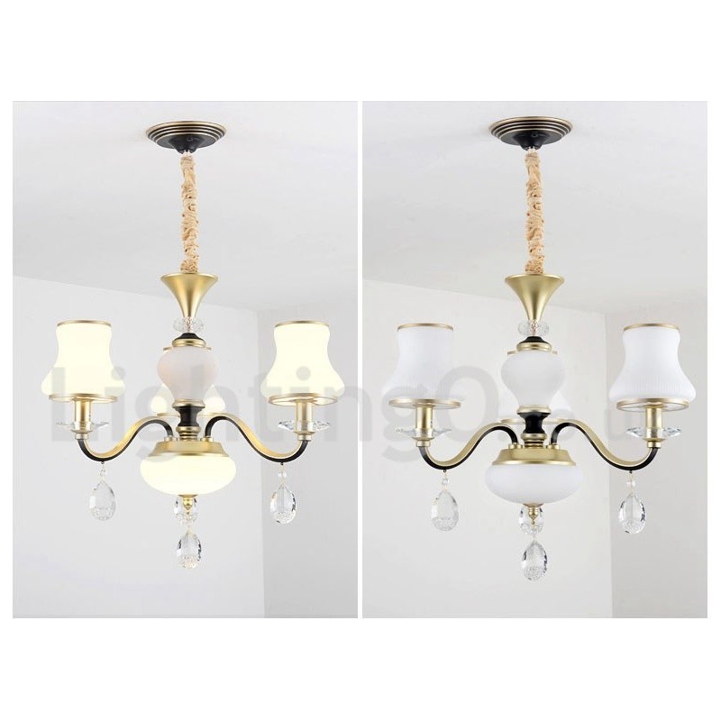 3 Light Retro Rustic Luxury Crystal Pendant Lamp Chandelier with Glass Shade