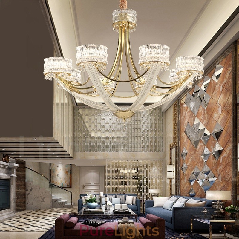 Modern Contemporary 8 Light Steel Chandelier with Crystal Shade