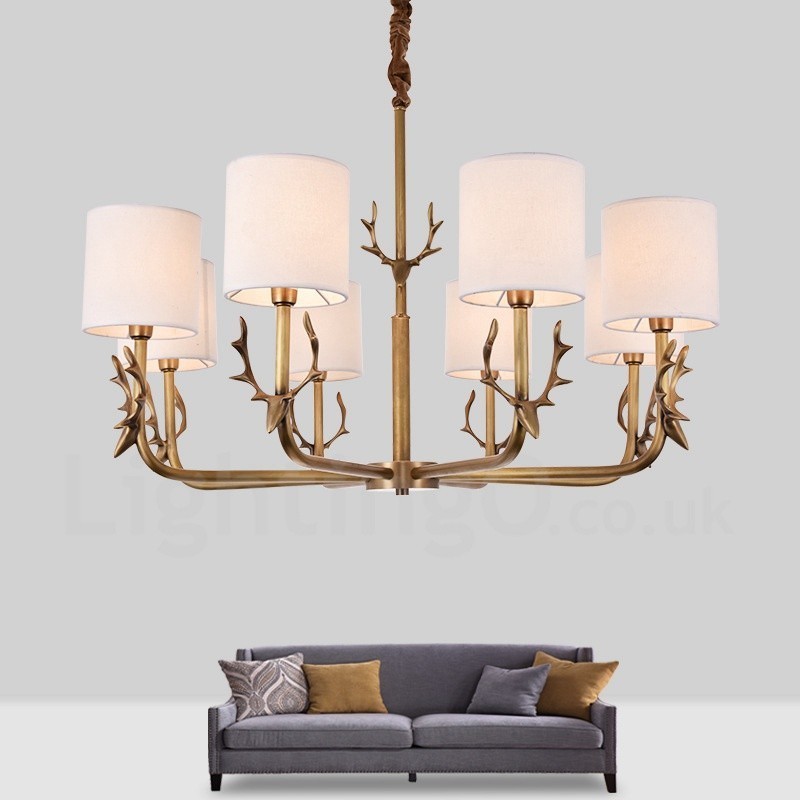 Rustic Lodge 8 Light Brass Chandelier with Fabric Shade