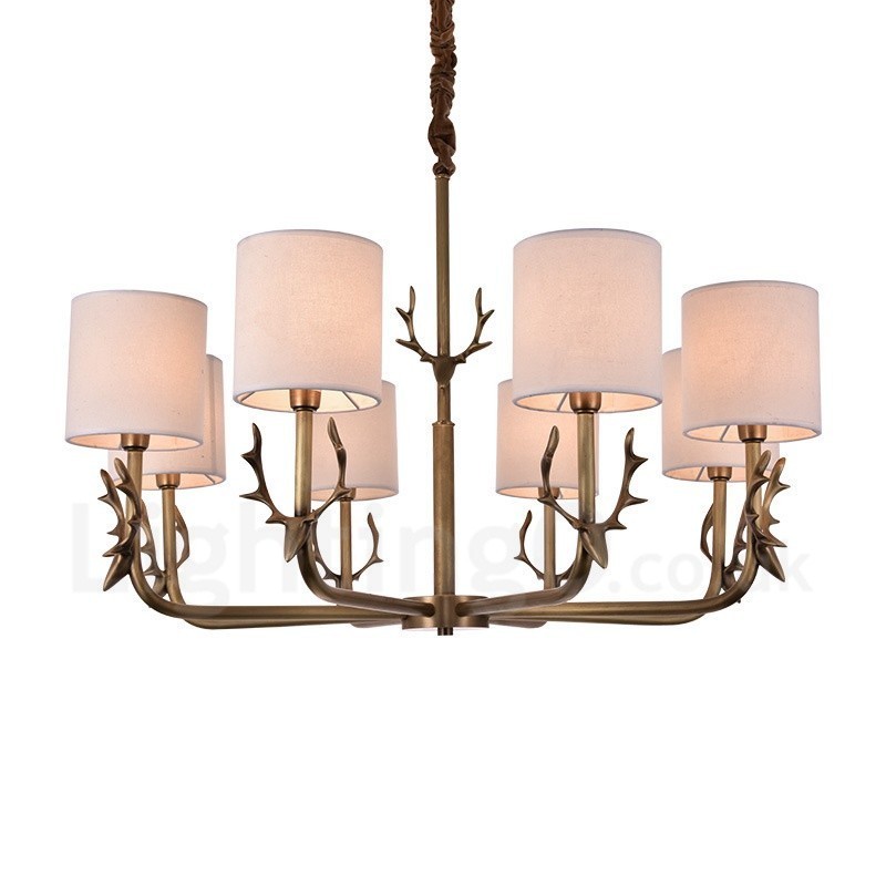 Rustic Lodge 8 Light Brass Chandelier with Fabric Shade
