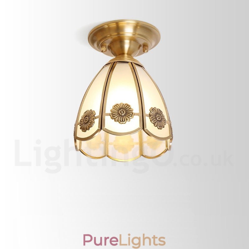 Pure Brass Rustic Lodge Nordic Style Flush Mount Ceiling Light with Glass Shade