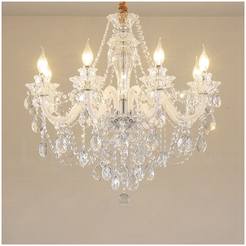 8 Light Clear Crystal Candle White Arm Chandelier