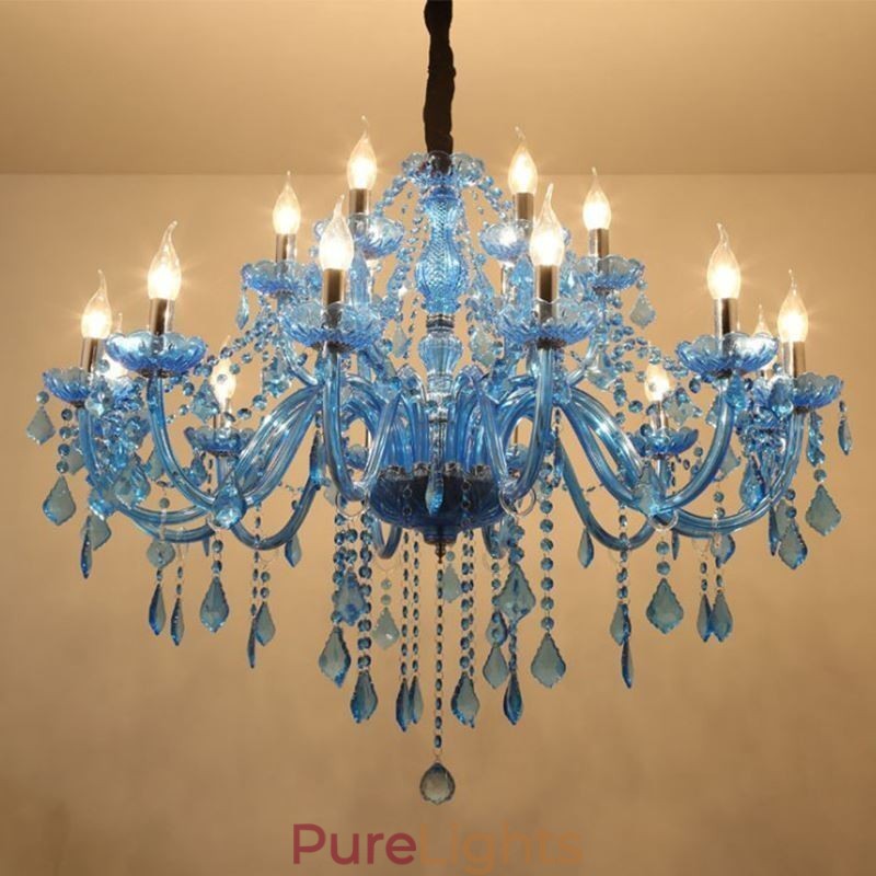 Large Crystal Chandelier European Pendant Light Blue Colour Esthetic