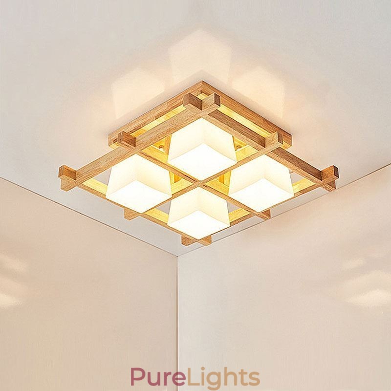 Nordic Square Grid Flush Mount Ceiling Light Rubber Wood Light