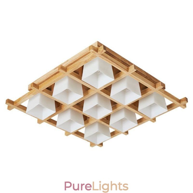 Nordic Square Grid Flush Mount Ceiling Light Rubber Wood Light