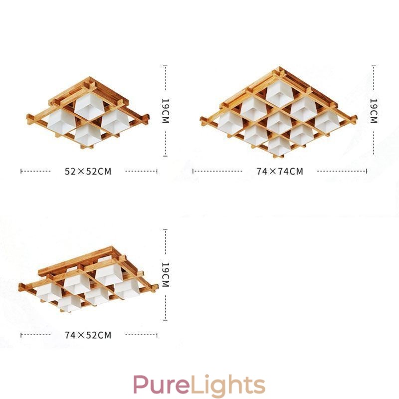 Nordic Square Grid Flush Mount Ceiling Light Rubber Wood Light