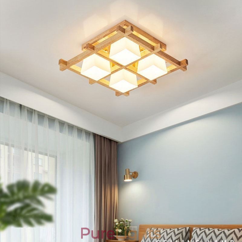 Nordic Square Grid Flush Mount Ceiling Light Rubber Wood Light
