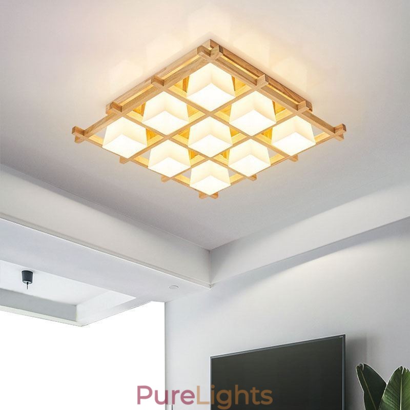 Nordic Square Grid Flush Mount Ceiling Light Rubber Wood Light