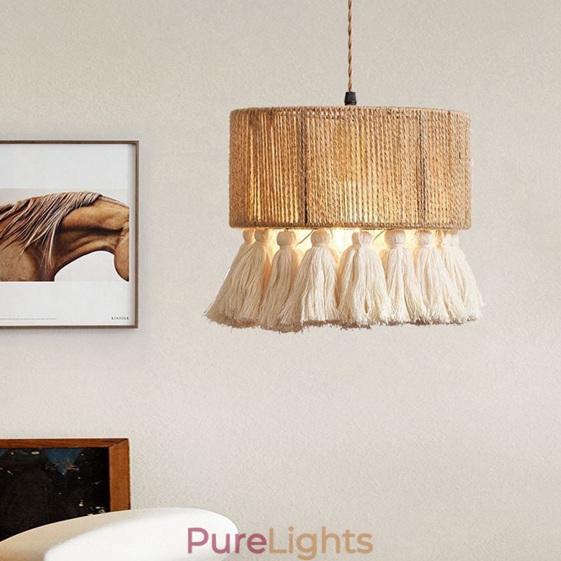 Hemp Rope Pendant Light Retro Decoration Ceiling Light Tassel Lamp Shade