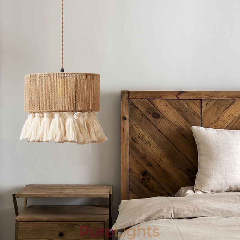 Hemp Rope Pendant Light Retro Decoration Ceiling Light Tassel Lamp Shade