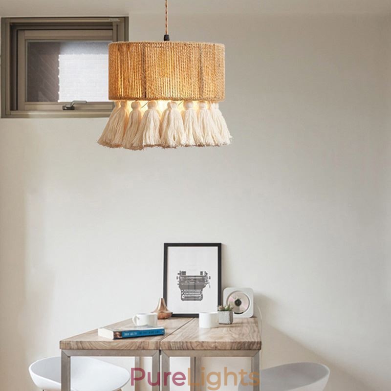 Hemp Rope Pendant Light Retro Decoration Ceiling Light Tassel Lamp Shade